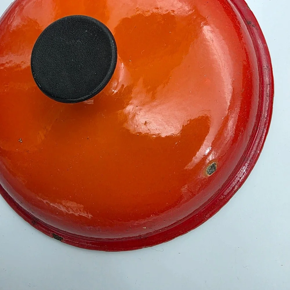 Vintage Unbranded #16 Pan, skillet, Casserole Flame Orange Enamel Cast Iron 70s?